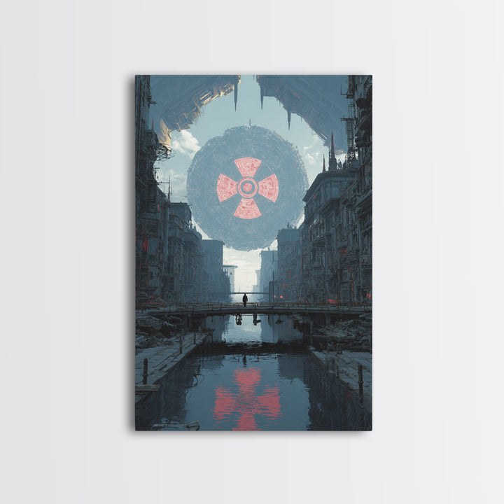 Dystopian Canal City With Giant Orb Wall Art, Modern Sci Fi Poster, Futuristic Cityscape Print, Industrial Home Decor Art