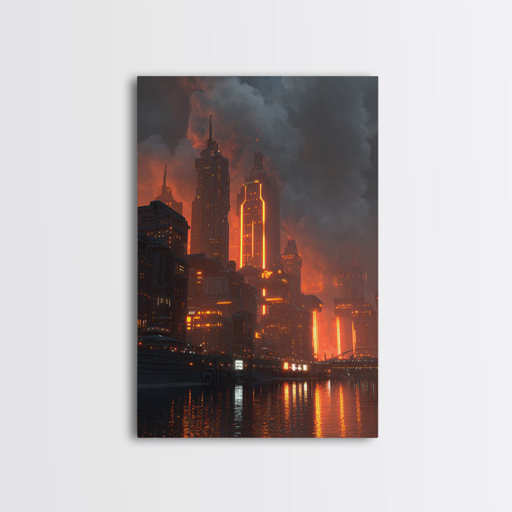 Burning Neon Futuristic Skyline Framed Canvas Print, Modern Wall Art, Dark Sci Fi City Poster, Orange Black Industrial Decor