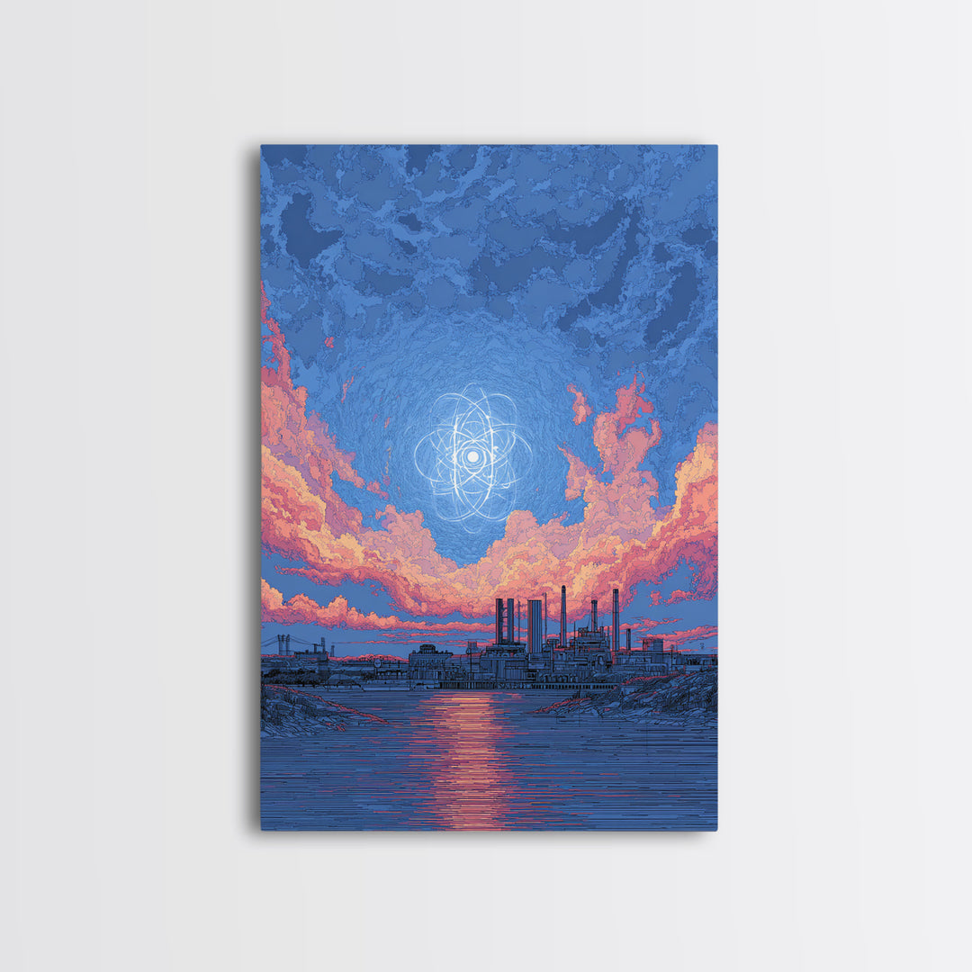 Industrial Waterfront With Atomic Pink Clouds Canvas Print, Mid Century Modern Wall Art, Retro Sci Fi Poster, Blue Wall Decor