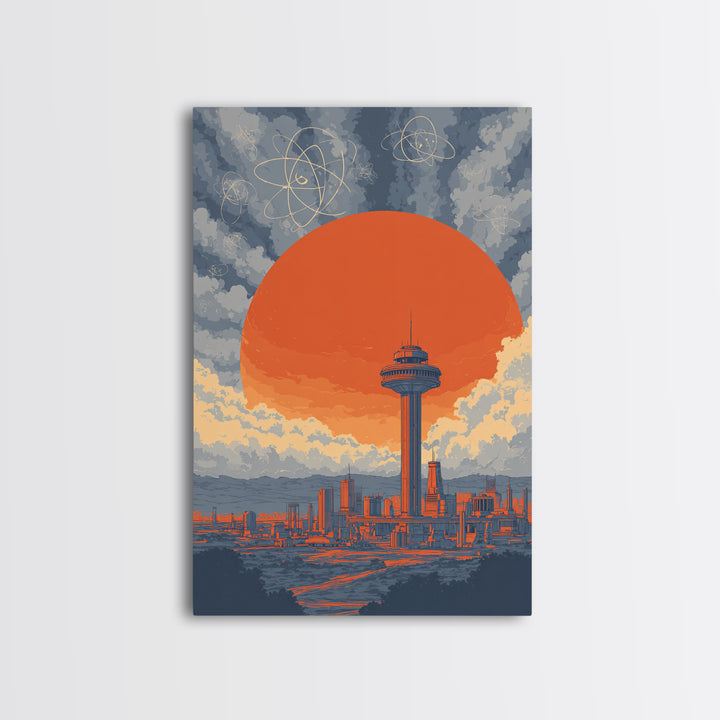 Space Needle Skyline With Orange Sun Wall Art, Mid Century Modern Print, Atomic Retro Poster, Seattle Inspired City Decor