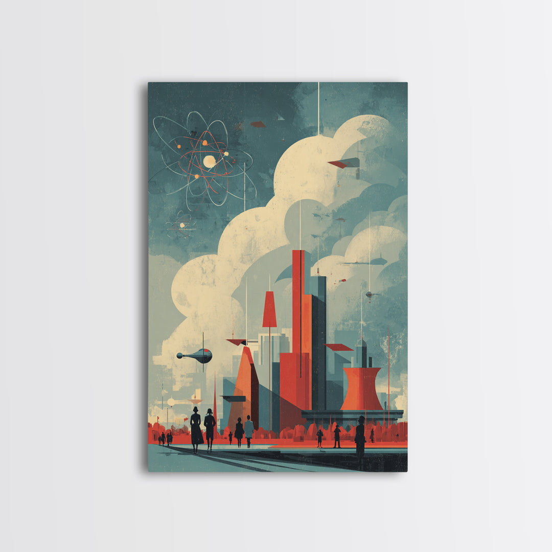 Retro Futuristic City With Red Towers Canvas Print, Mid Century Modern Wall Art, Atomic Sci Fi Poster, Geometric Home Decor