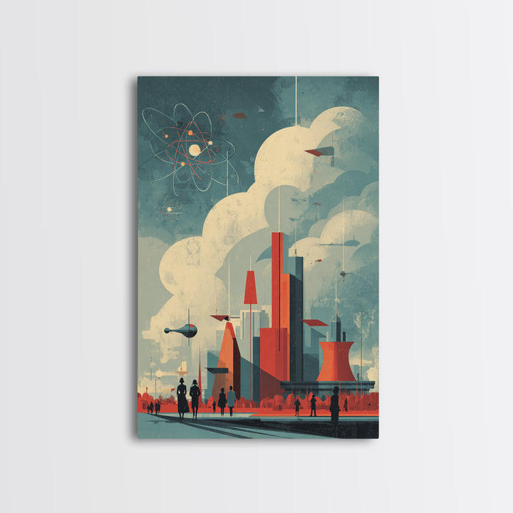 Retro Futuristic City With Red Towers Canvas Print, Mid Century Modern Wall Art, Atomic Sci Fi Poster, Geometric Home Decor