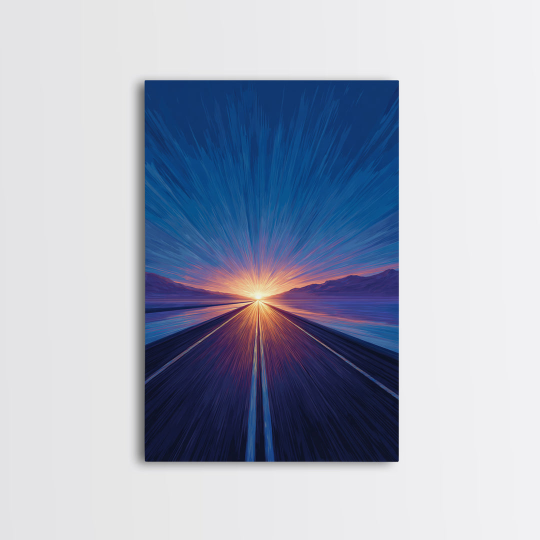 Blue Lakeside Sunset Road Canvas Print, Modern Wall Art, Scenic Travel Poster, Large Abstract Art, Bedroom Home Decor Gift