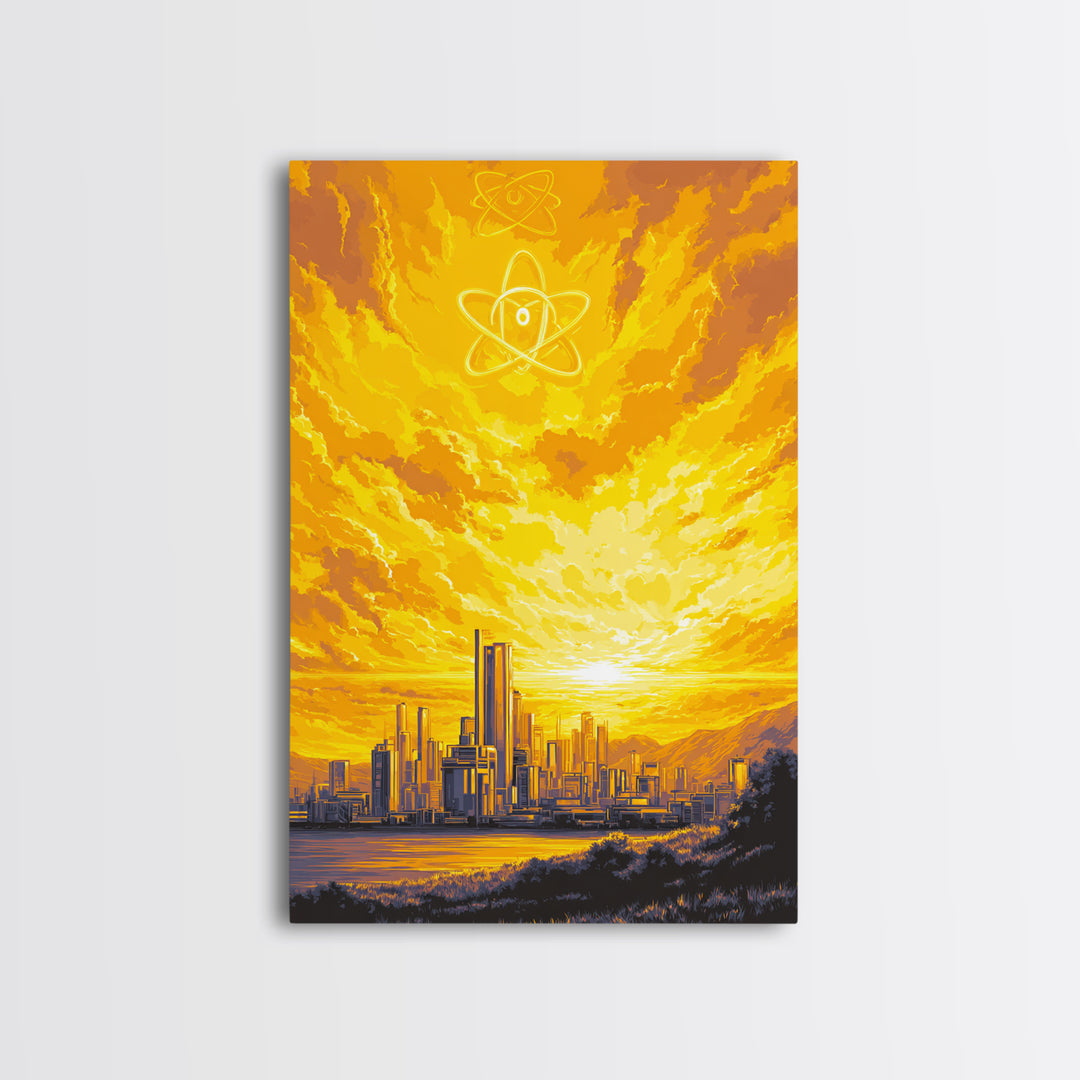 Golden Atomic Skyline At Sunset Framed Canvas Print, Mid Century Modern Wall Art, Yellow Poster, Retro Futuristic City Decor
