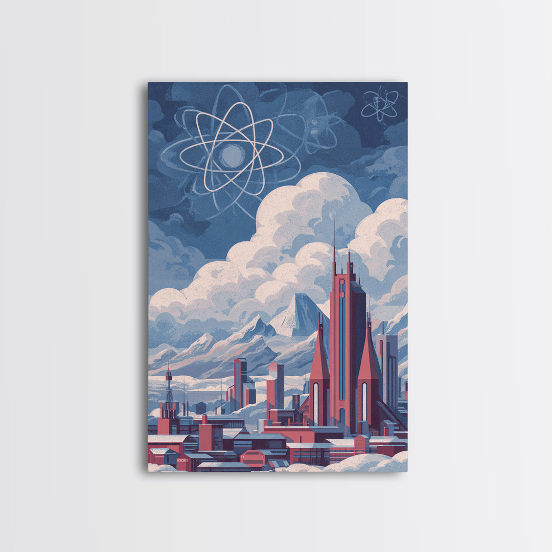 Atomic Futuristic City Under Clouds Wall Art, Retro Sci Fi Skyline, Midcentury Modern Art, Space Age Decor, MCM Poster Prints