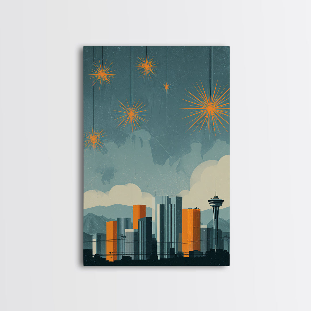 Seattle Skyline With Orange Starbursts Wall Art, Midcentury Modern Decor, Space Needle Print, Retro Cityscape Poster Home Decor