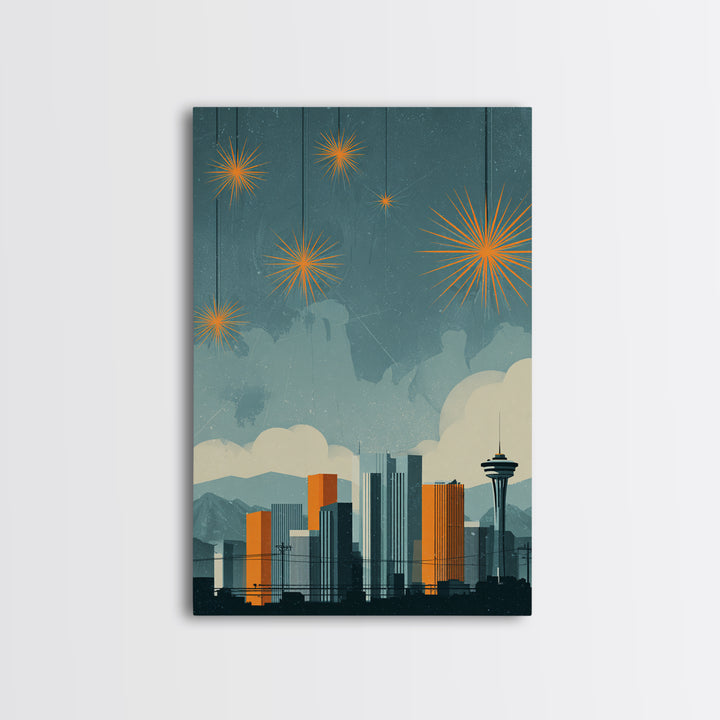 Seattle Skyline With Orange Starbursts Wall Art, Midcentury Modern Decor, Space Needle Print, Retro Cityscape Poster Home Decor