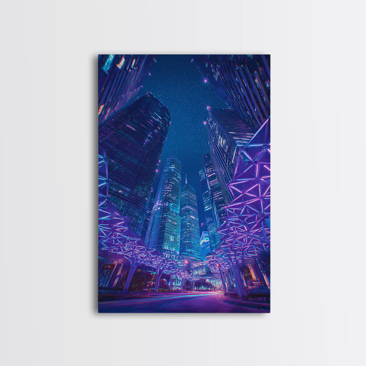 Neon Cyberpunk Skyscraper City Canvas Print, Modern Wall Art, Blue Purple Urban Night Poster Print, Contemporary Office Decor