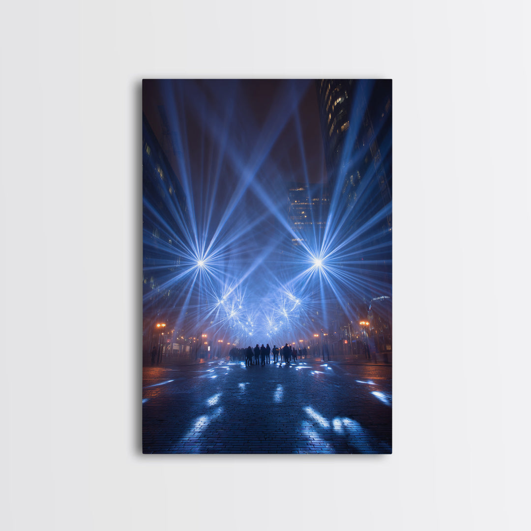 Rainy Night City Light Beams Wall Art, Modern Urban Photography Print, Blue Black Office Decor, Dramatic Skyline Poster Print