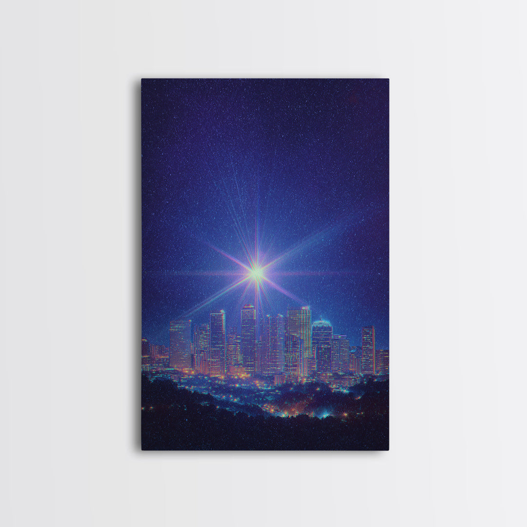 Bright Star Over Night Skyline Canvas Print, Modern Wall Art, Blue City Lights Poster, Space Abstract Art, Bedroom Decor Print
