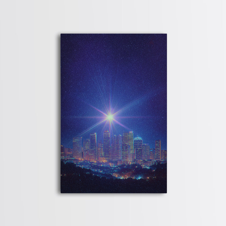 Bright Star Over Night Skyline Canvas Print, Modern Wall Art, Blue City Lights Poster, Space Abstract Art, Bedroom Decor Print