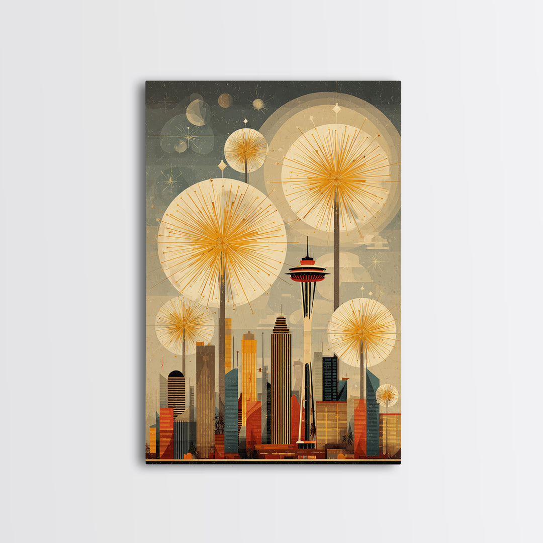 Seattle Space Needle Sunbursts Wall Art, Midcentury Modern Art, Retro City Skyline Poster, Atomic MCM Home Decor Print Gift