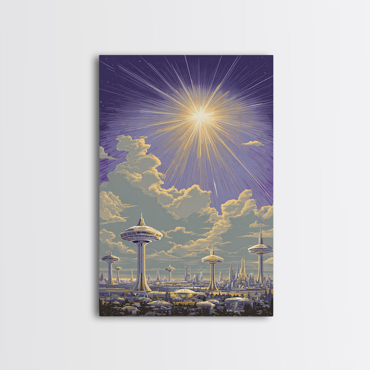 Futuristic Utopia City With Radiant Sun Canvas Print, Retro Sci Fi Wall Art, Space Age Skyline, Modern Home Decor Office Poster Print