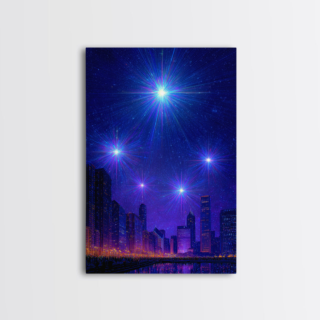 Blue Purple Starburst Night Skyline Wall Art, Modern Abstract Art, City Lights Poster, Space Digital Art, Home Office Decor