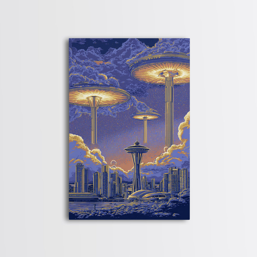 Floating Saucer Towers Above Skyline Framed Canvas Print, Retro Sci Fi Wall Art, Futuristic City Decor, Space Age Poster Print