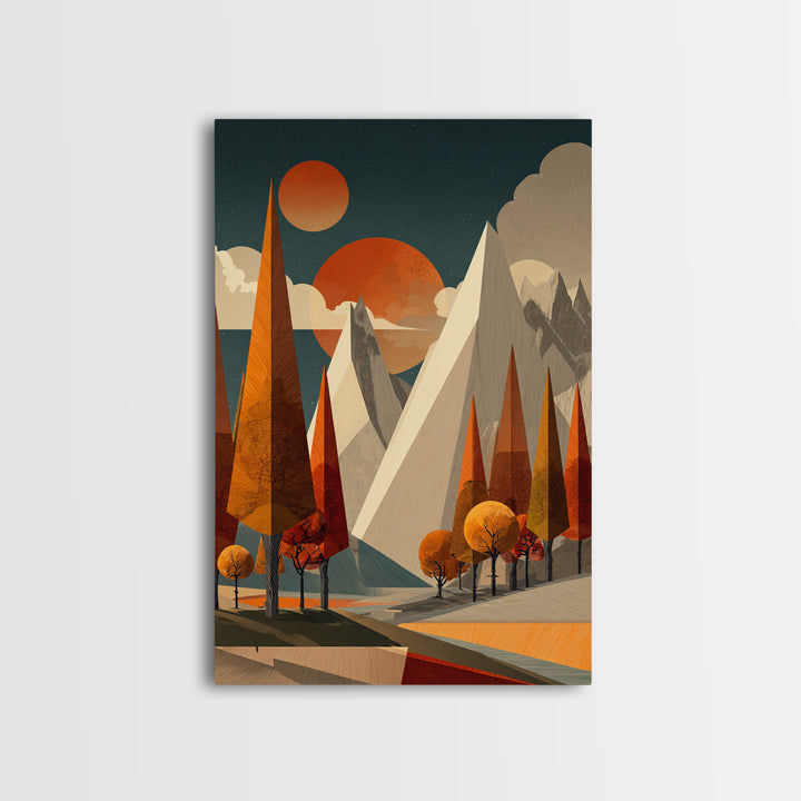Orange Suns Alpine Peaks Wall Art, Midcentury Modern Mountain Print, Retro Geometric Landscape, MCM Cabin Decor For Living Room