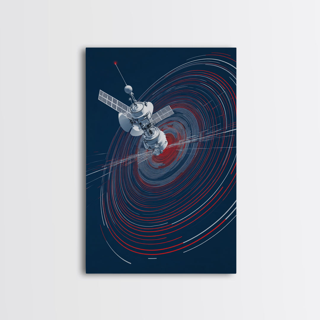 Orbiting Satellite With Red Signal Rings Wall Art, Modern Sci Fi Poster, Space Abstract Art Print, Futuristic Office Decor