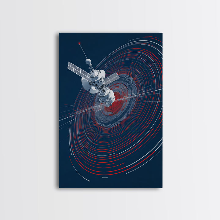 Orbiting Satellite With Red Signal Rings Wall Art, Modern Sci Fi Poster, Space Abstract Art Print, Futuristic Office Decor