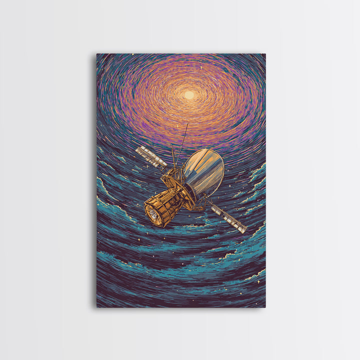 Golden Satellite In Starry Vortex Framed Canvas Print, Space Abstract Wall Art, Modern Sci Fi Poster, Cosmic Retro Decor