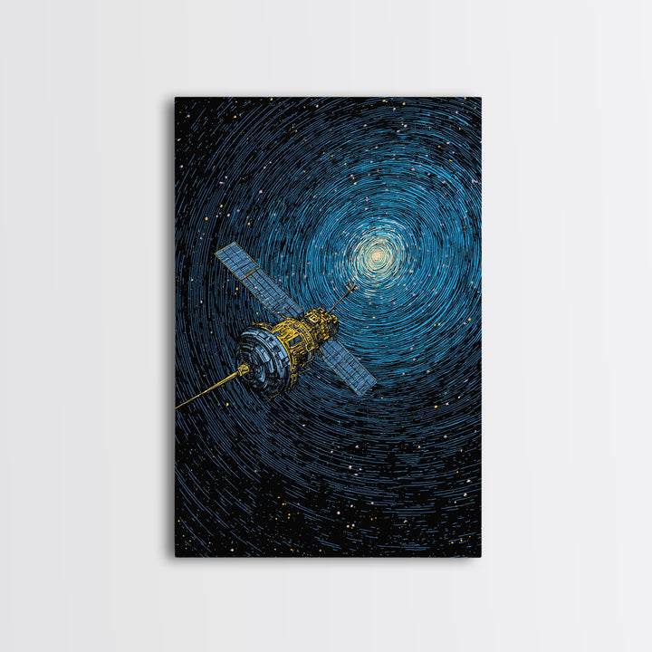 Blue Satellite Drifting Through Star Vortex Canvas Print, Modern Space Wall Art, Sci Fi Poster, Astronomy Office Decor Gift