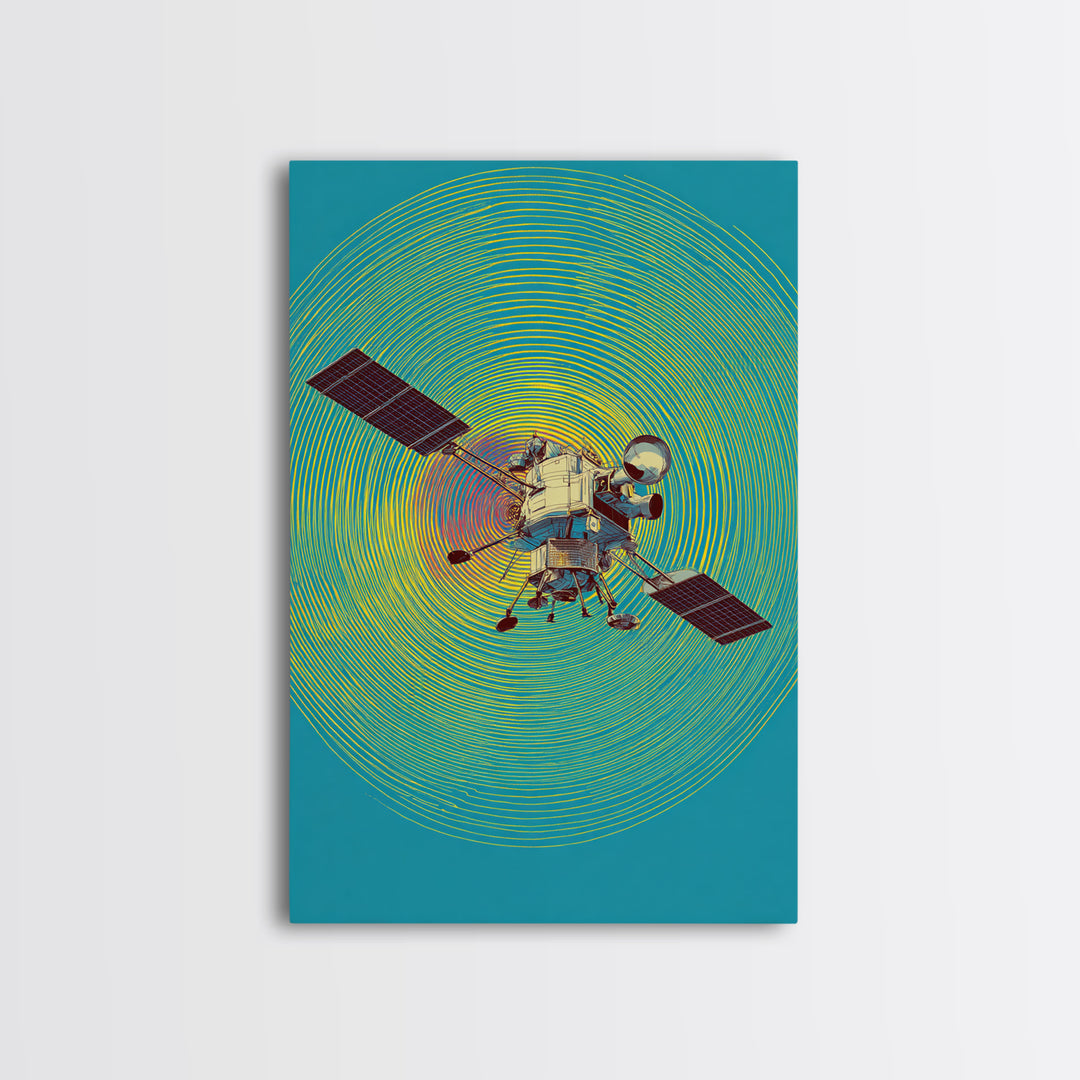 Lunar Probe With Neon Signal Waves Wall Art, Midcentury Modern Space Poster, Colorful Sci Fi Print, Retro Office Decor Gift