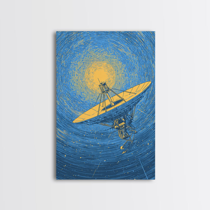 Radio Telescope Beneath Swirling Sun Canvas Print, Modern Space Wall Art, Astronomy Poster, Blue Midcentury Decor Gift Idea