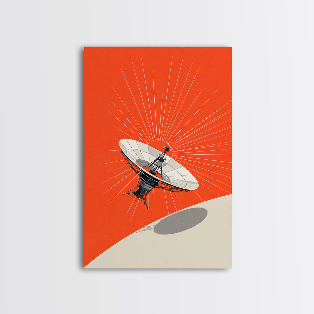 Satellite Dish Over Orange Planet Framed Canvas Print, Retro Space Wall Art, Modern Sci Fi Poster, Bold Office Decor Gift
