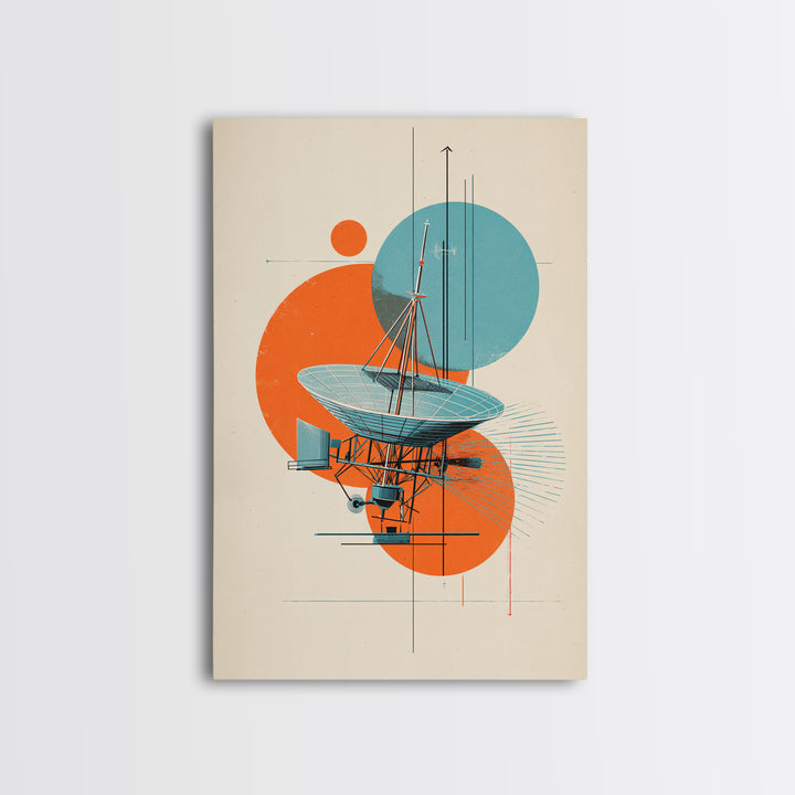 Abstract Radio Telescope With Orange Teal Circles Wall Art, Bauhaus Midcentury Modern Poster, Geometric Office Decor Print