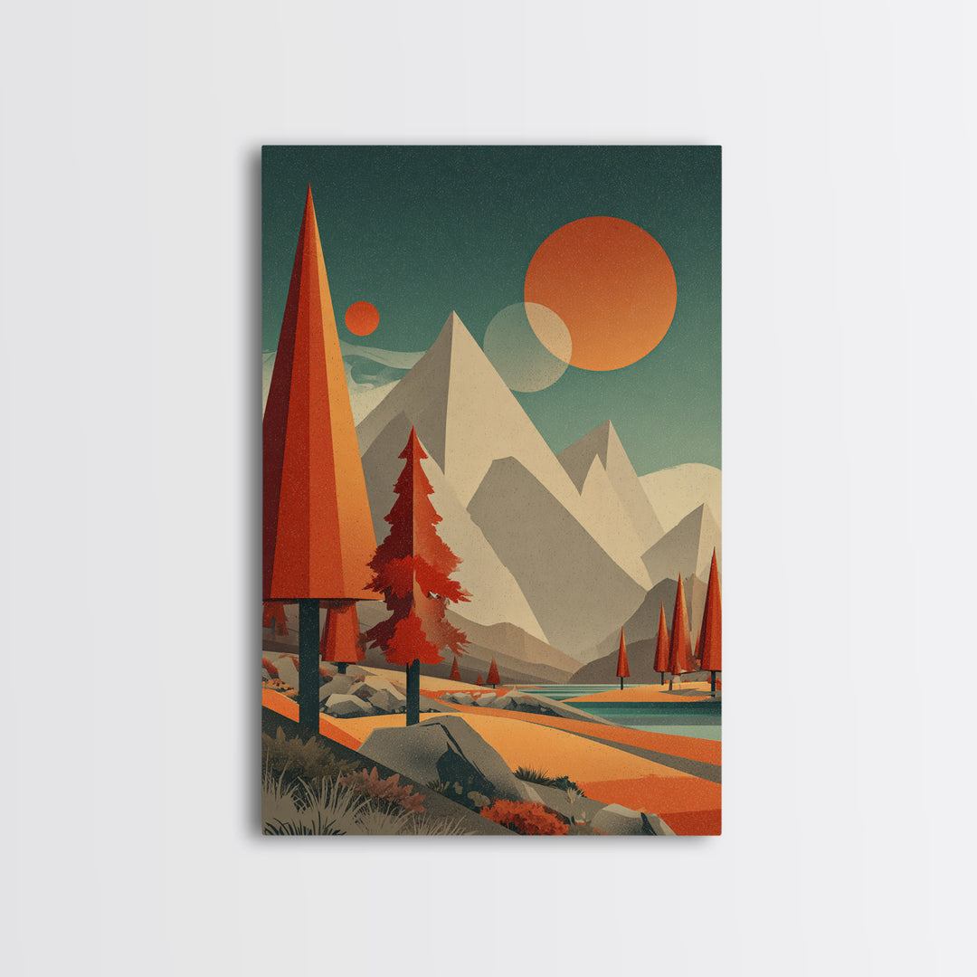 Pyramid Peaks And Orange Suns Framed Canvas Print, Midcentury Modern Alpine Landscape, Retro Mountain Lake Wall Decor For Cabin Living Room