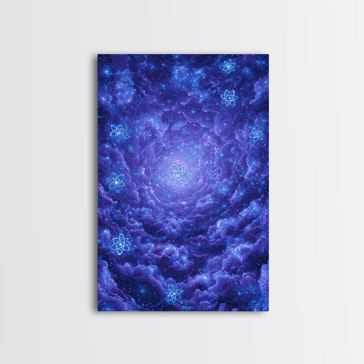 Purple Cosmic Clouds With Atom Symbols Wall Art, Retro Sci Fi Space Poster, Modern Abstract Art, Blue Art Print, Dorm Decor