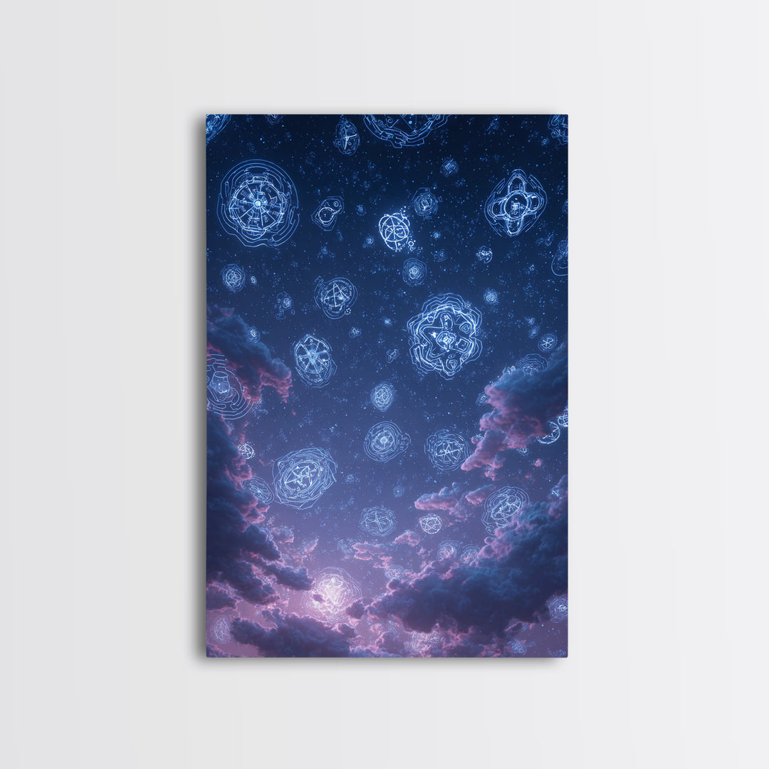 Glowing Celestial Glyphs In Starry Clouds Wall Art, Mystical Space Abstract Poster, Modern Wall Decor, Blue Cosmic Art Print