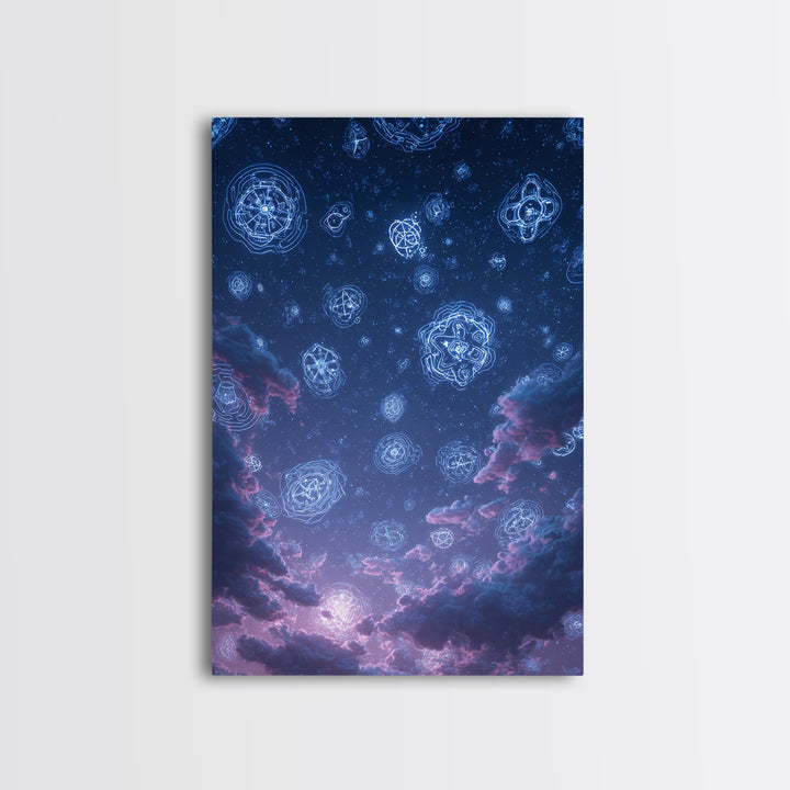 Glowing Celestial Glyphs In Starry Clouds Wall Art, Mystical Space Abstract Poster, Modern Wall Decor, Blue Cosmic Art Print