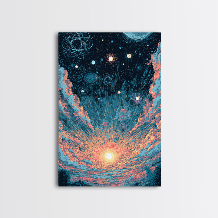 Retro Space Sunrise With Planets And Atoms Canvas Print, Midcentury Modern Art, Atomic Poster, Colorful Wall Decor, Retro Art Print
