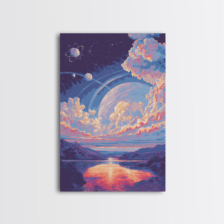 Pastel Planet Lake Under Ringed Sky Framed Canvas Print, Sci Fi Landscape Wall Art, Modern Digital Art, Dreamy Room Decor
