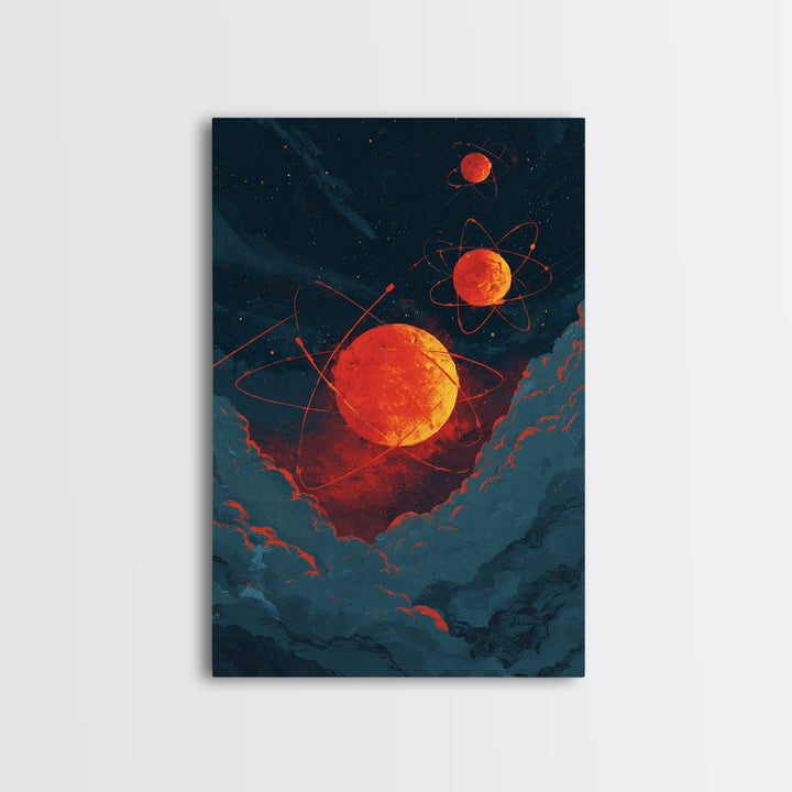 Fiery Red Atomic Planets In Dark Clouds Wall Art, Retro Sci Fi Poster, Modern Abstract Art, Orange Black Space Decor, Mcm Wall Art