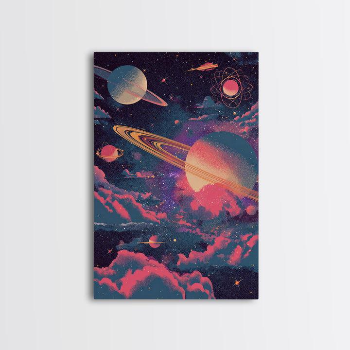 Neon Saturn Planets Above Pink Clouds Framed Canvas Print, Retro Space Poster, Modern Wall Art, Cosmic Home Decor, 70s Art Print