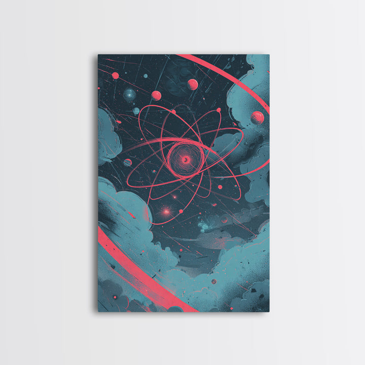 Neon Pink Atom Orbit In Teal Space Canvas Print, Atomic Retro Poster, Modern Abstract Art, Geometric Wall Decor, Mcm Artwork