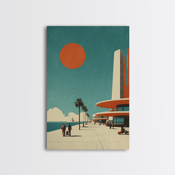 Midcentury Seaside Promenade With Orange Sun Framed Canvas Print, Palm Springs Art, Retro Travel Poster, Modern Wall Decor