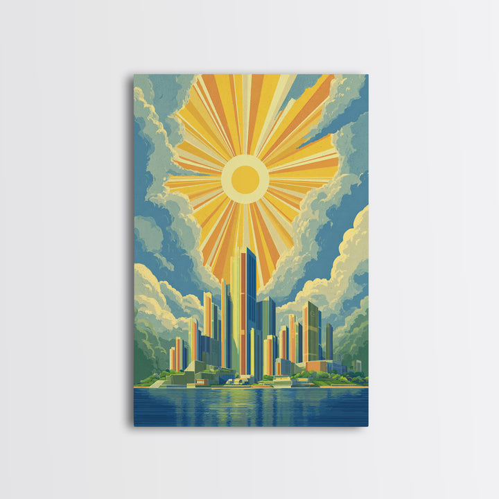 Radiant Futuristic City Sunrise Wall Art, Midcentury Modern Art Print, Retro Skyline Poster, MCM Wall Decor, Living Room Decor