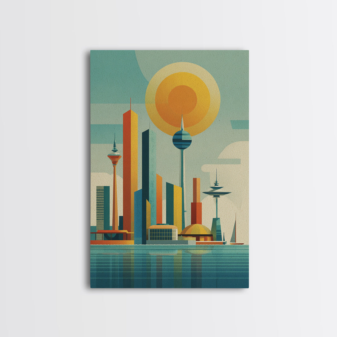 Retro Futuristic Skyline With Orb Sun Canvas Print, Midcentury Modern Wall Art, Atomic City Poster, MCM Decor, Office Wall Decor