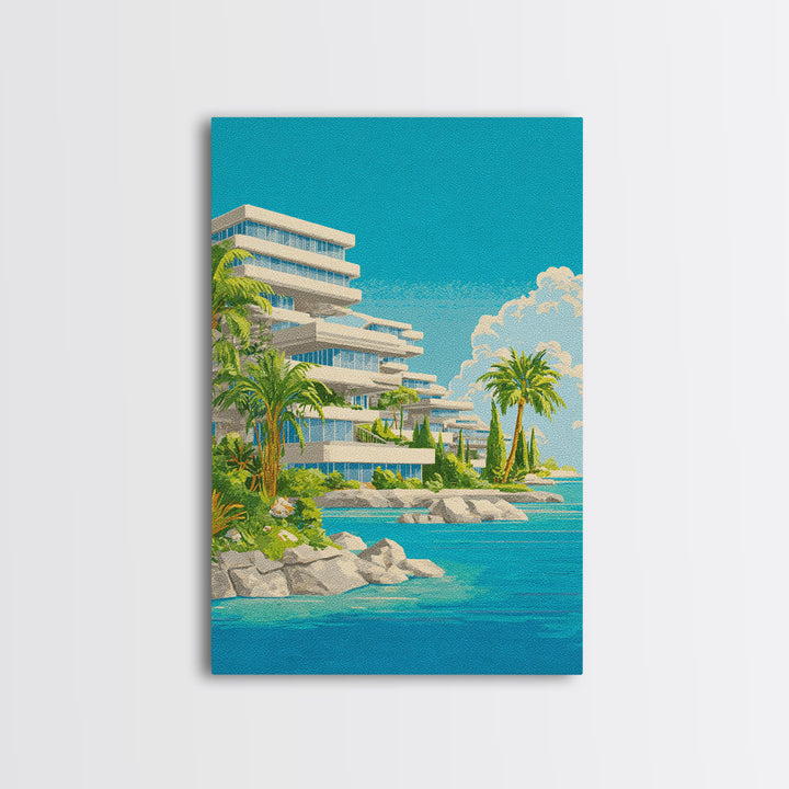 Tropical Modernist Coastal Resort Wall Art, Midcentury Modern Art Print, Palm Tree Ocean Poster, Beach House Decor, Living Room Decor