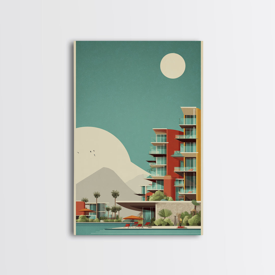Desert Modern Resort With Moon Framed Canvas Print, Midcentury Modern Wall Art, Palm Springs Poster, Southwestern Home Decor