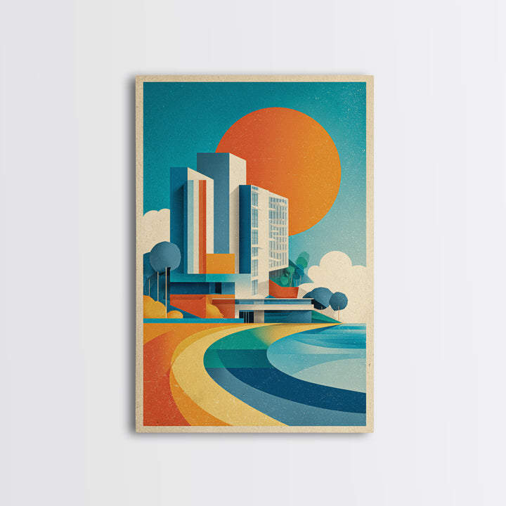 Geometric Modern Building Sunrise Canvas Print, Midcentury Modern Wall Art, Color Block Poster, Bright Abstract Home Decor
