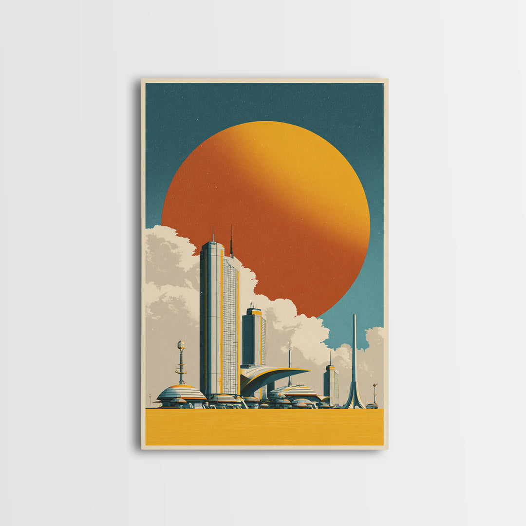 Futuristic City Under Orange Sun Framed Canvas Print, Midcentury Modern Wall Art, Retro Sci Fi Poster, Living Room Decor