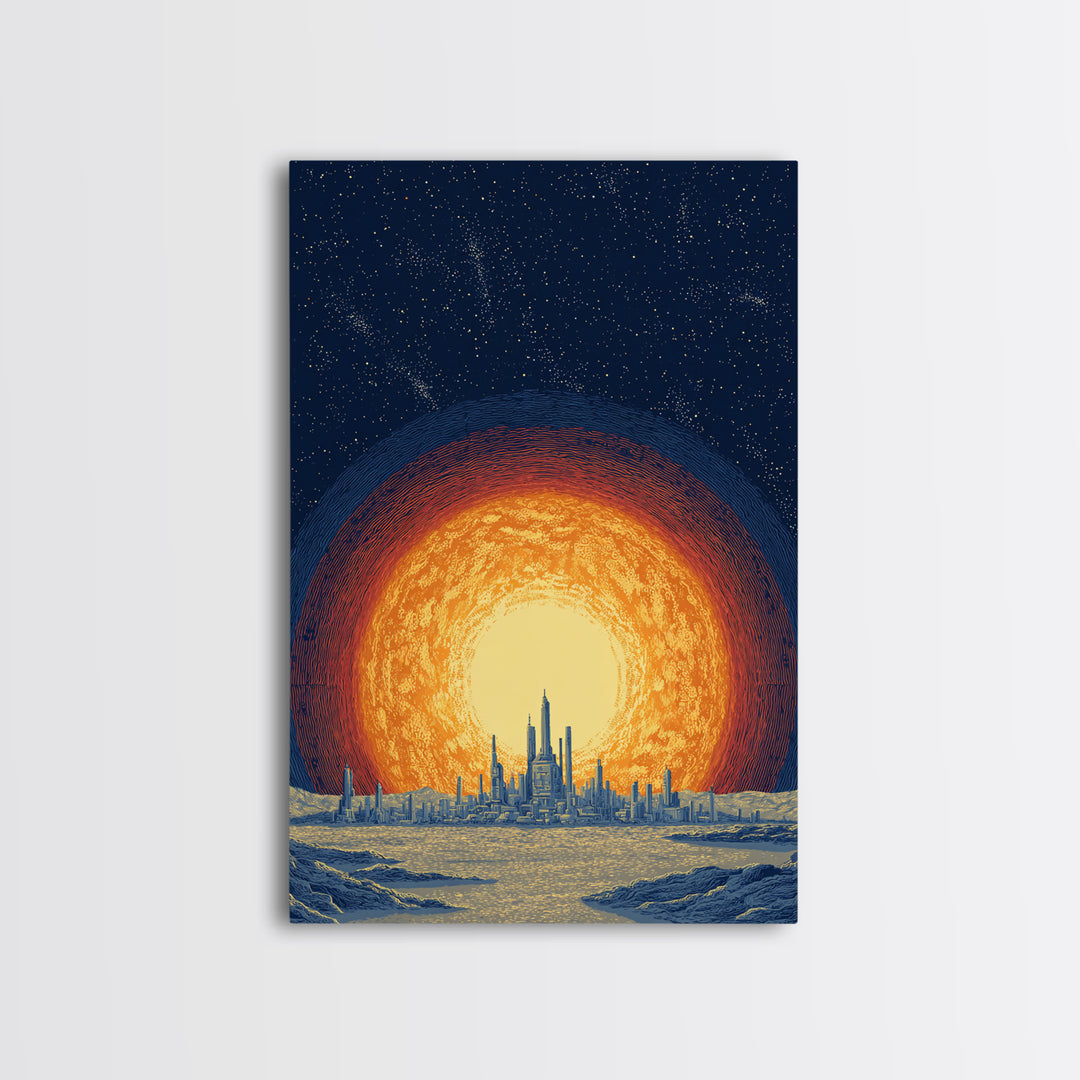 Blazing Solar City At Night Wall Art, Futuristic Midcentury Modern Art Print, Cosmic Retro Poster, Sci Fi Wall Decor, Office Decor