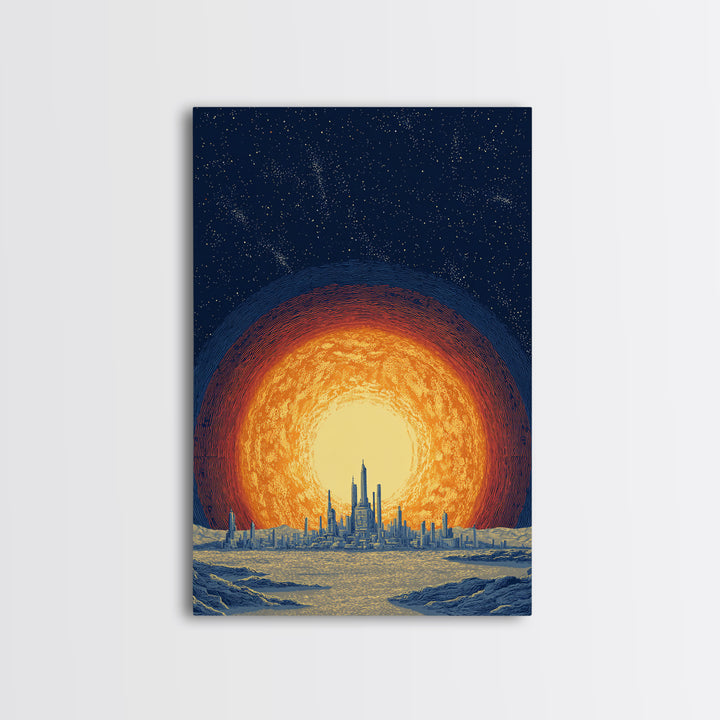 Blazing Solar City At Night Wall Art, Futuristic Midcentury Modern Art Print, Cosmic Retro Poster, Sci Fi Wall Decor, Office Decor