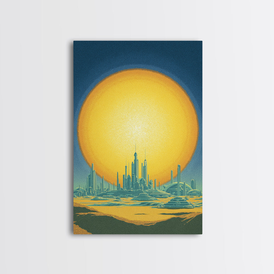 Golden Sun Futuristic Desert Skyline Canvas Print, Midcentury Modern Wall Art, Retro Sci Fi Poster, Modern Living Room Decor