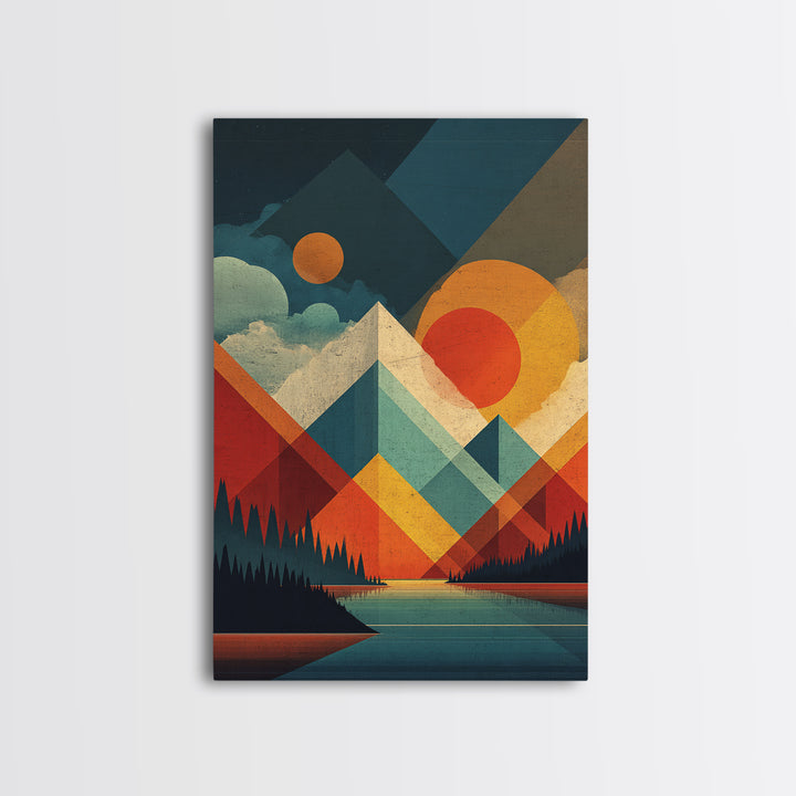 Geometric Mountain Lake Wall Art, Midcentury Modern Abstract Landscape Print, Orange Sun MCM Poster For Living Room Home Decor