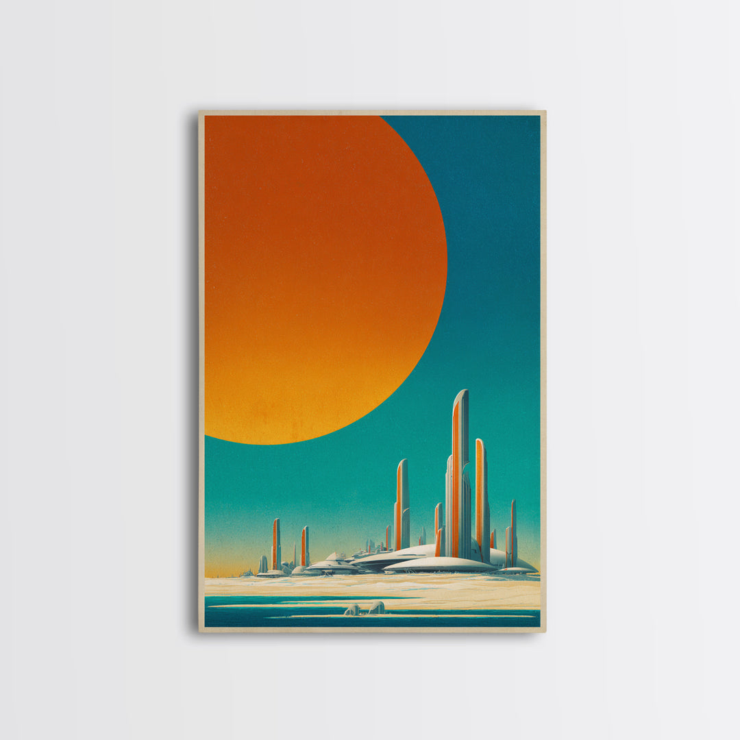 Minimalist Future Towers With Giant Sun Wall Art, Midcentury Modern Art Print, Retro Sci Fi Poster, Abstract Desert Decor