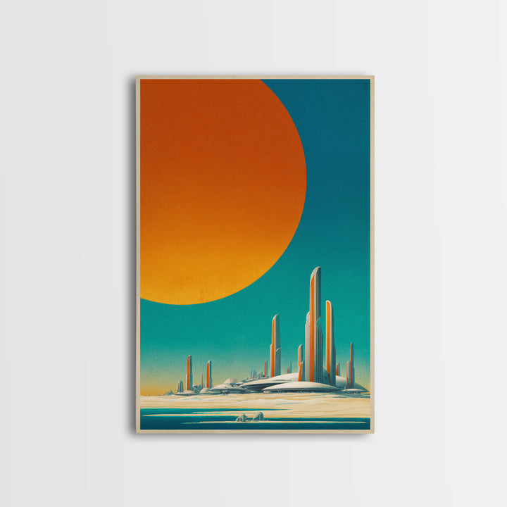Minimalist Future Towers With Giant Sun Wall Art, Midcentury Modern Art Print, Retro Sci Fi Poster, Abstract Desert Decor
